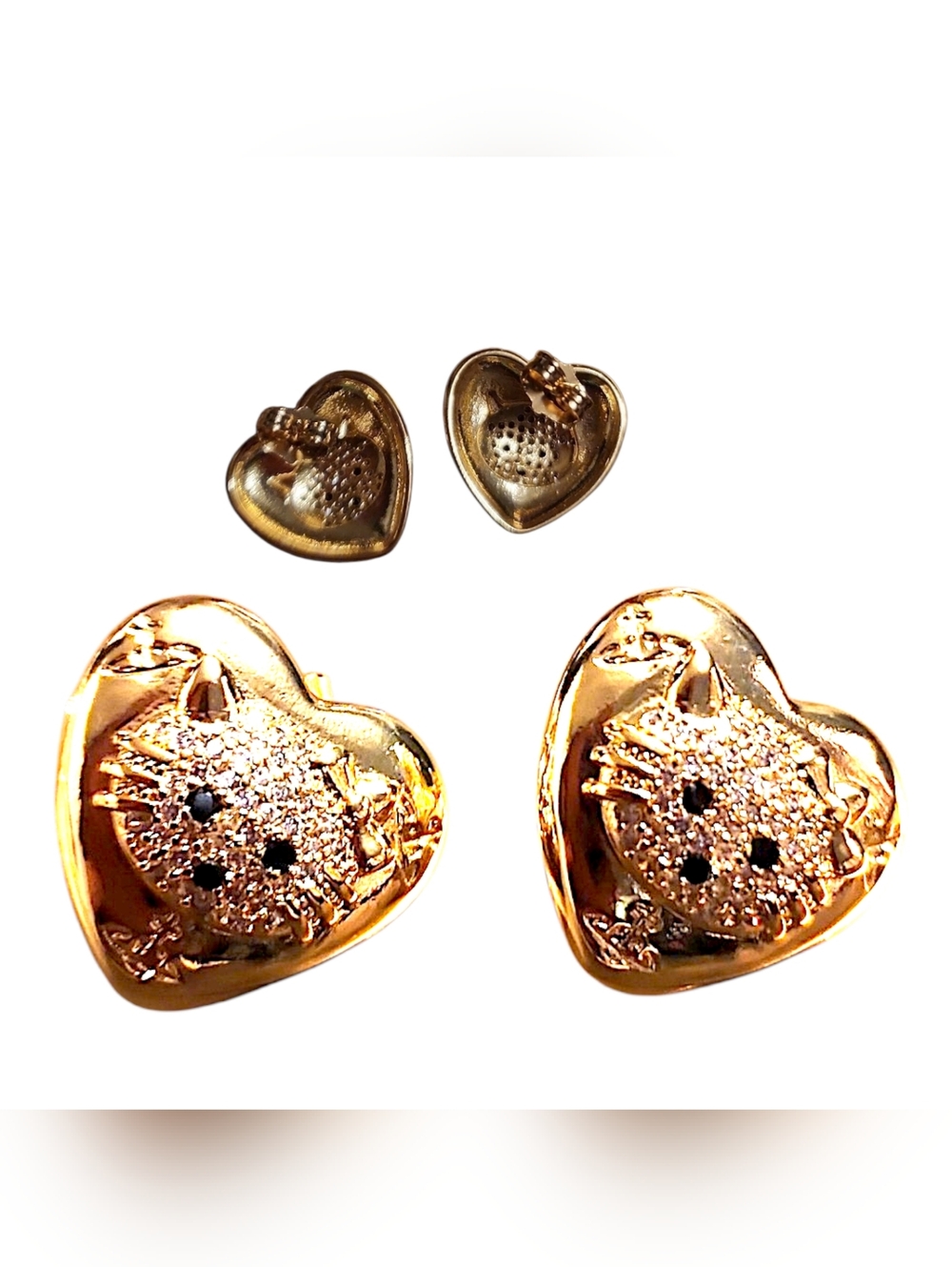 Gold Heart Stud Earrings with Textured Kitty Cat Detail - Women Jewelry NWOT